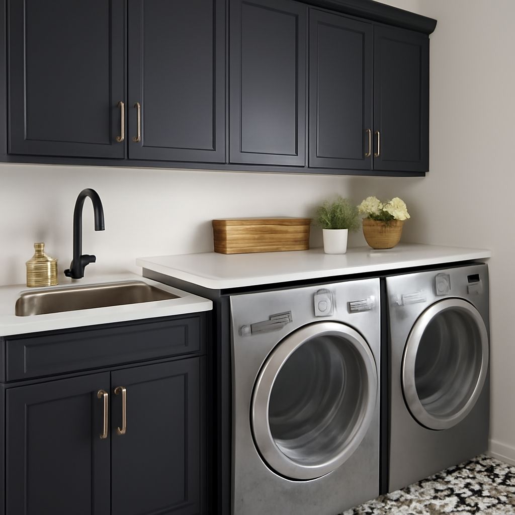 Laundry room layout with folding surface, storage, and wall decor