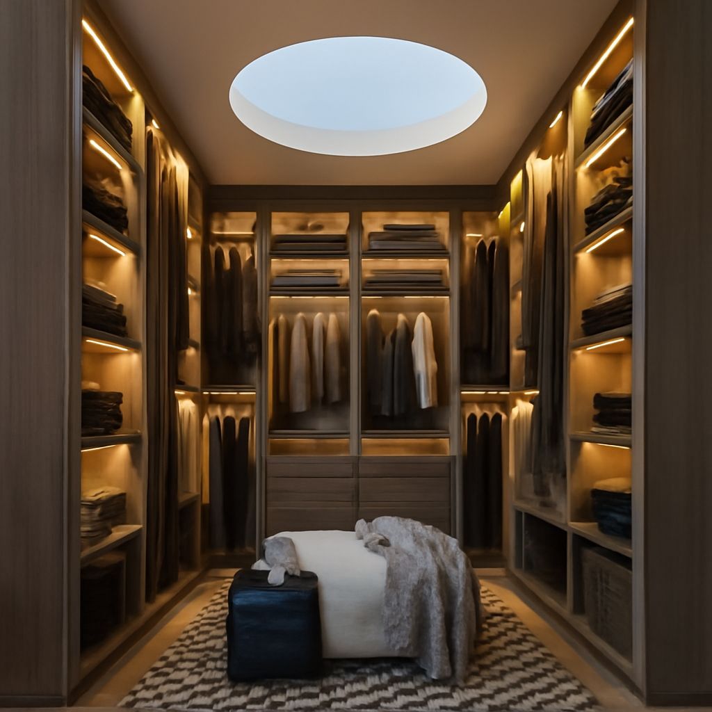 Reach-in closet with hanging clothes and shelves