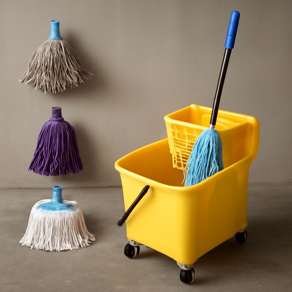 Commercial mop bucket with wringer, casters, and divided tanks