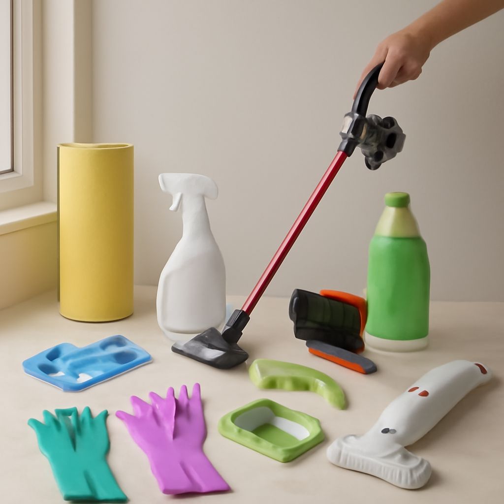 Dry-cleaner supplies arranged for spotting, pressing, packaging, and customer handoff