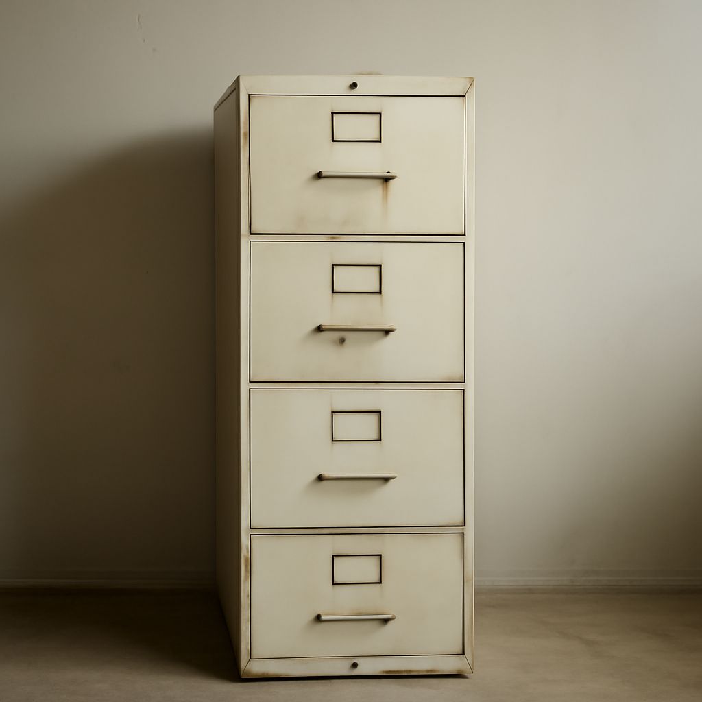 Fire-resistant file cabinet with labeled drawers