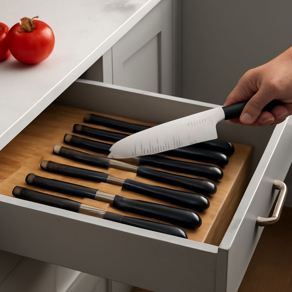 Drawer knife block with covered slots and handles clear of the drawer lid