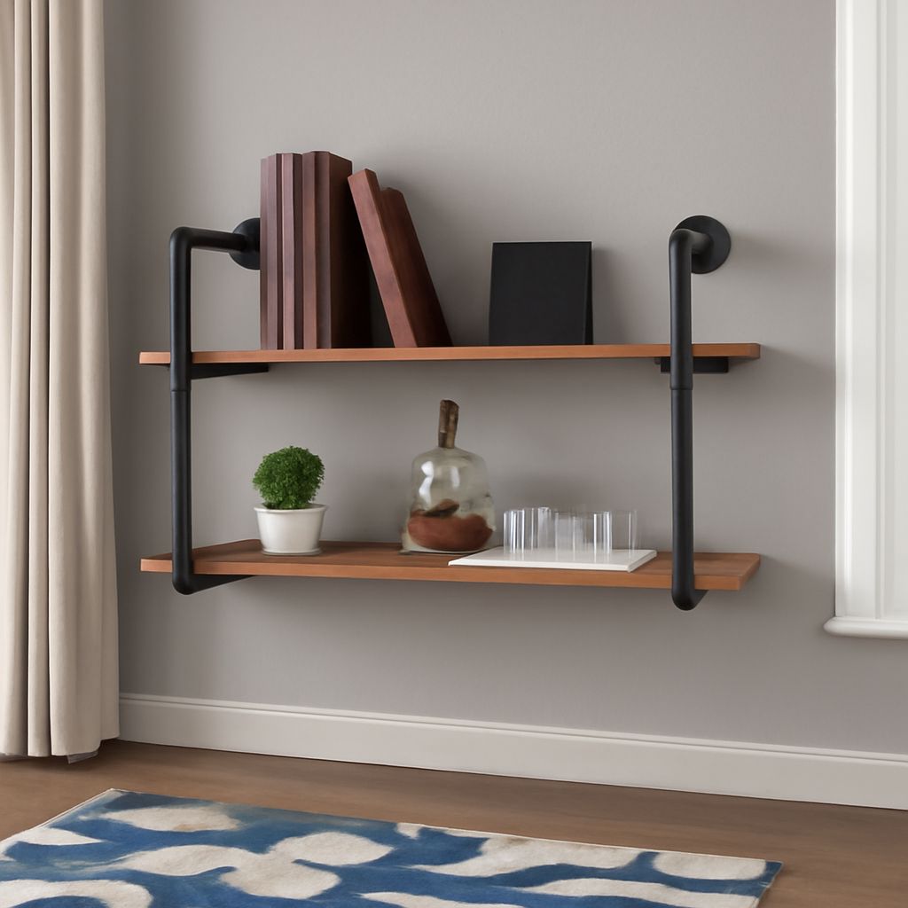 Industrial pipe shelving with wood boards, flanges, and wall-mounted supports