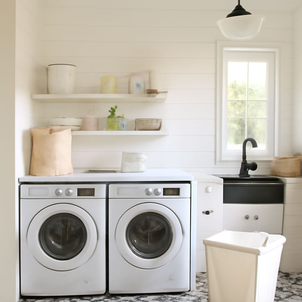Porcelain tile floor in a laundry room beside a washer and dryer