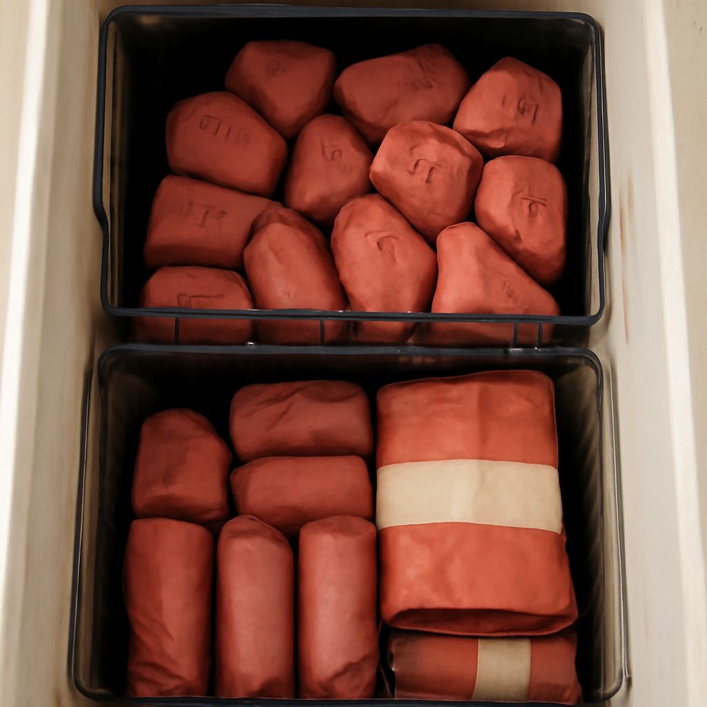 Organized chest freezer with labeled lift-out baskets