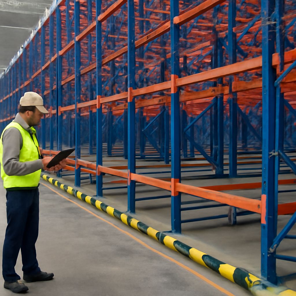 Warehouse pallet rack shelving with pallets, beams, and wire decking