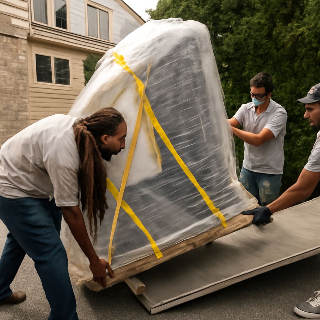 Upright piano secured on a padded board inside a moving truck