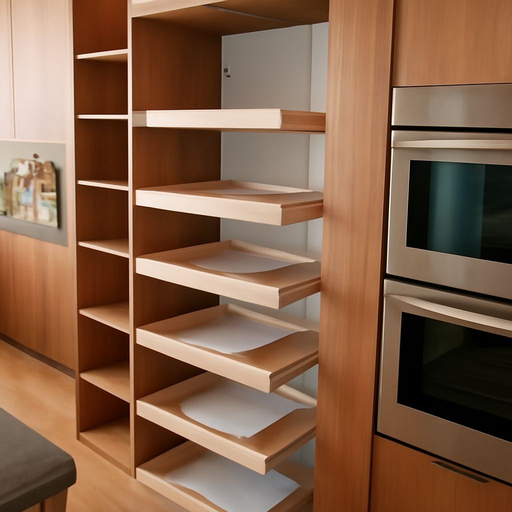 Pull-out shelf extended from a cabinet with a measuring tape