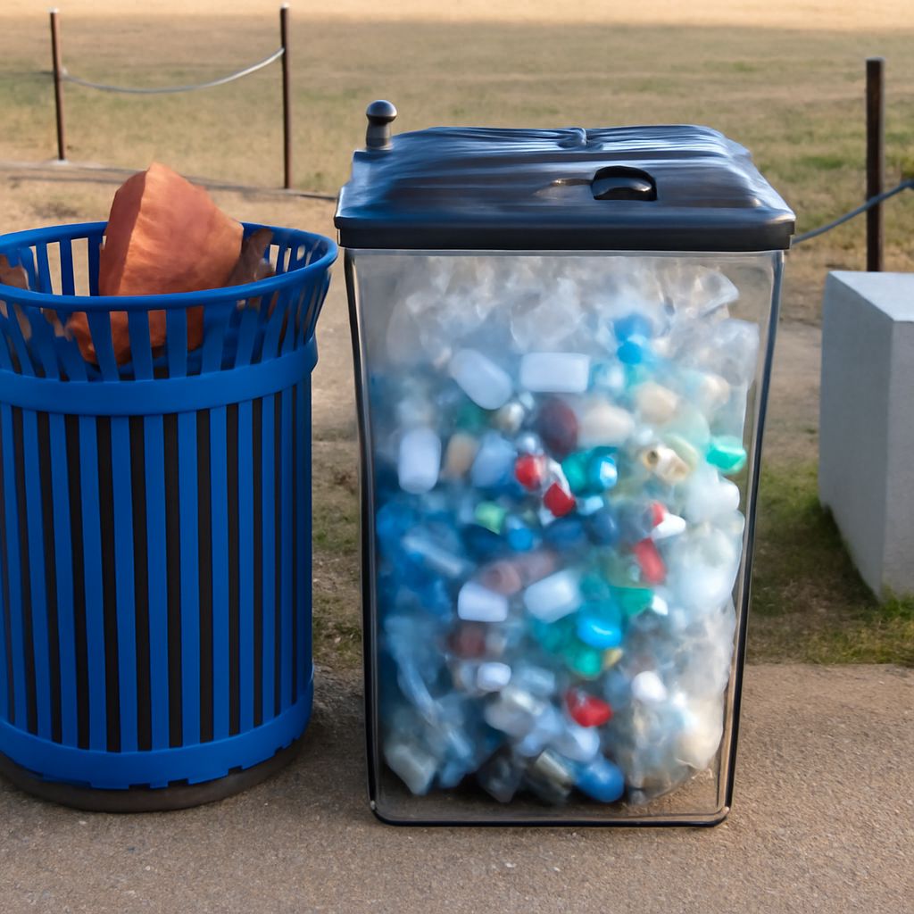 Open recycling bins for paper and containers beside a trash can