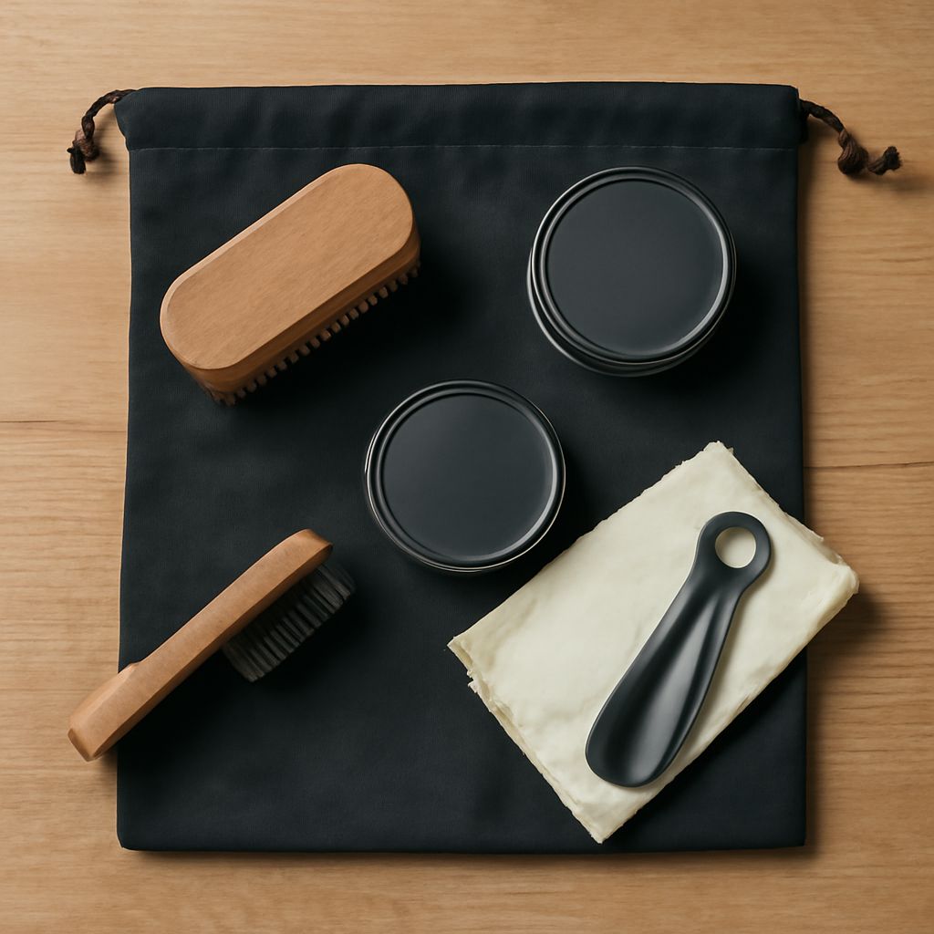 Shoe shine kit with horsehair brushes polish cloths and applicator