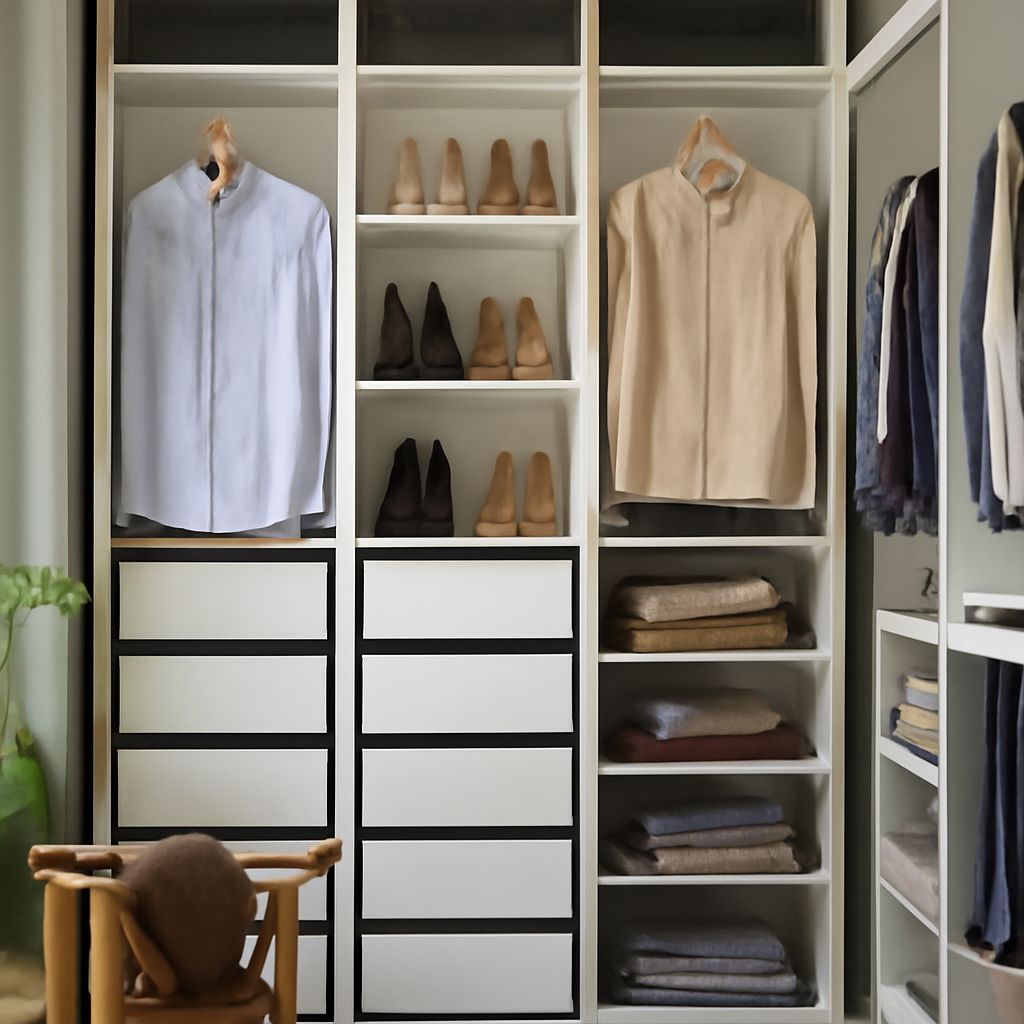 Dimensioned small walk-in closet design with hanging, drawer, shelf, and shoe zones