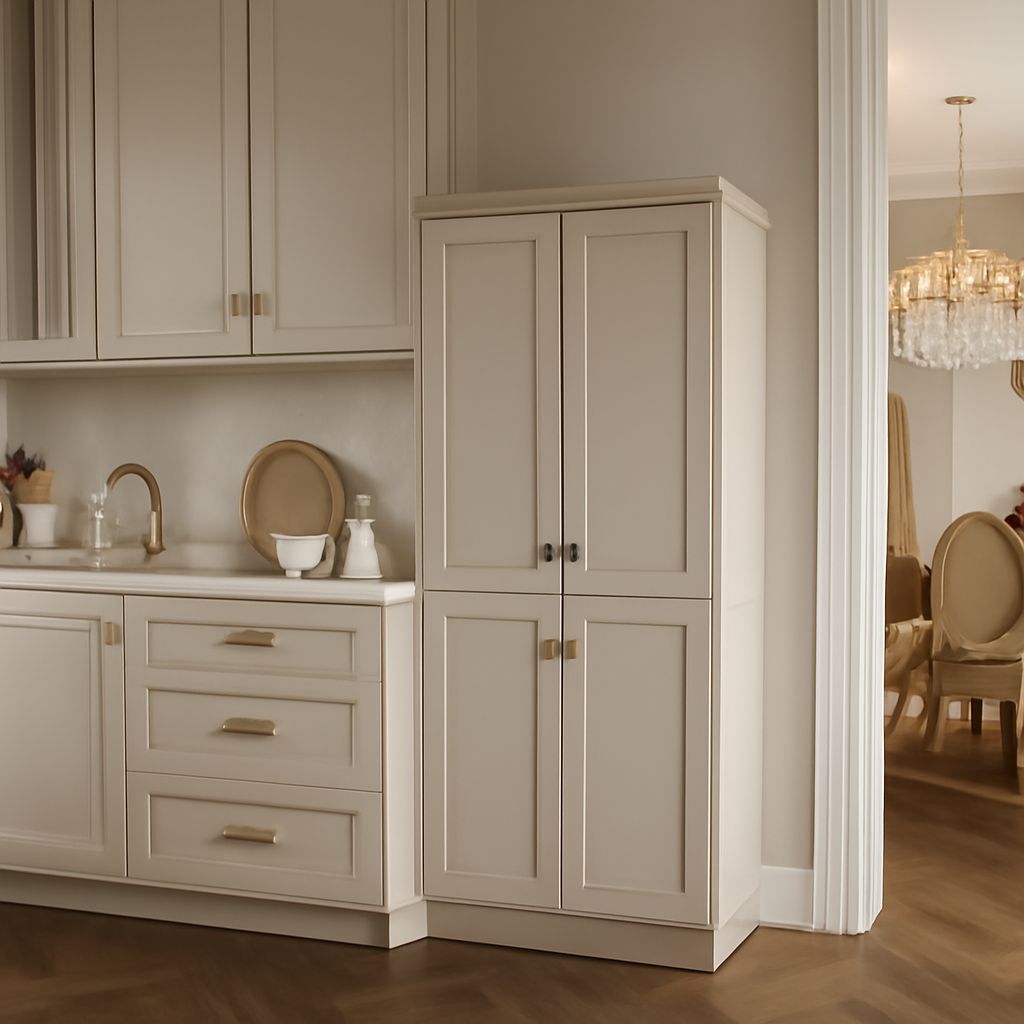 Solid wood pantry cabinet with adjustable shelves, drawers, and double doors