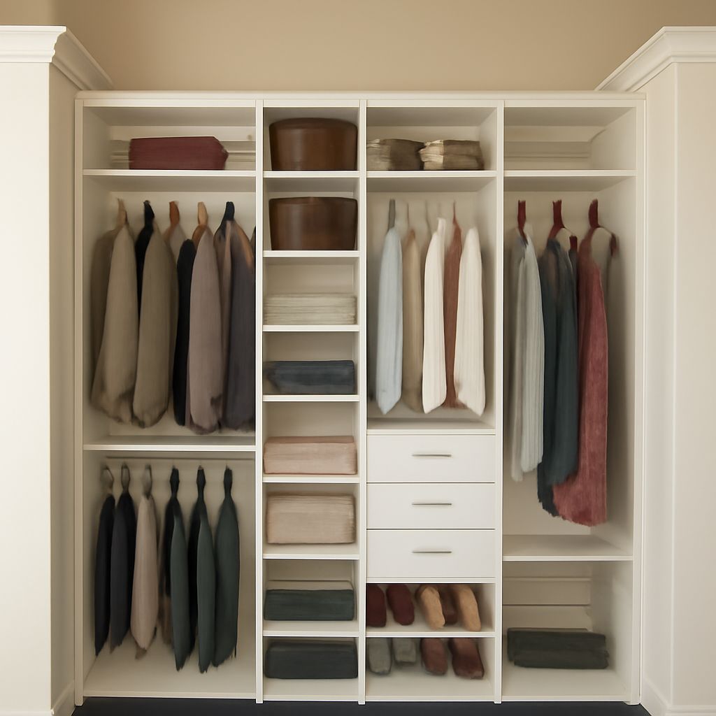 Dimensioned reach-in and walk-in closet plan with storage zones
