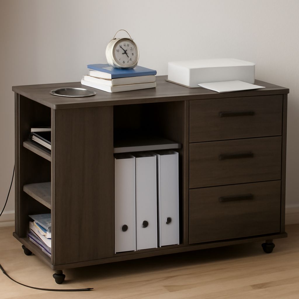 Three-drawer file cabinet with labeled folders beside a desk