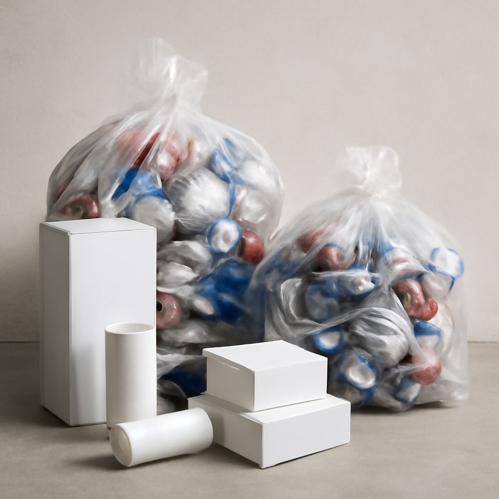 Trash can liners sized beside round and rectangular trash cans