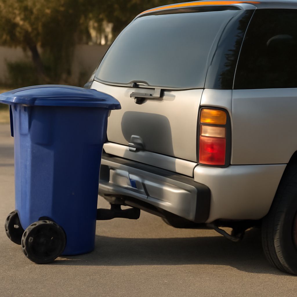 Two-wheel rolling trash cart beside a curb