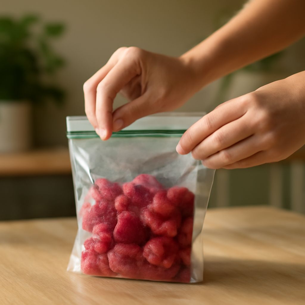 Embossed vacuum sealer bag holding portioned food beside a countertop vacuum sealer