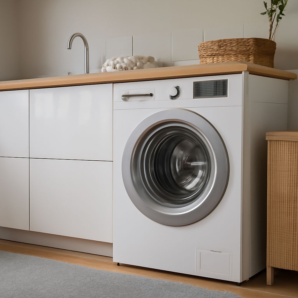 Washing machine sitting inside a washer pan with a drain fitting